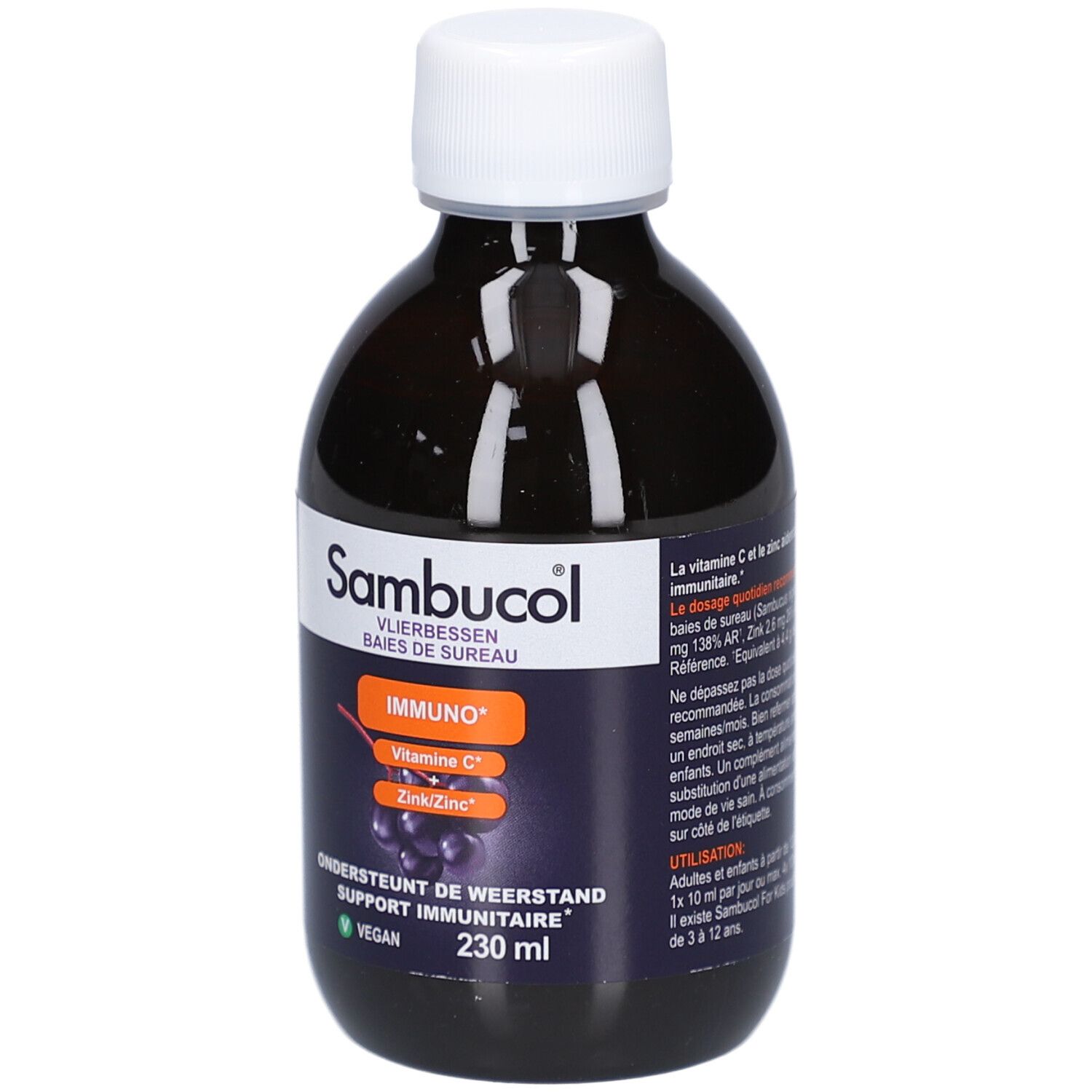 Bouteille marron avec bouchon blanc. Étiquette avec nom du produit, ingrédients et volume. Vegan.