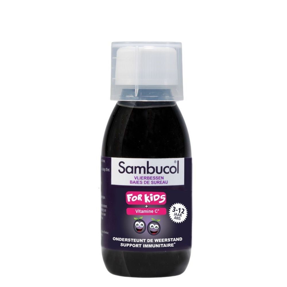 Fles vloeistof. Opschrift: Sambucol, For Kids, Vitamine C. 3-12 jaar.