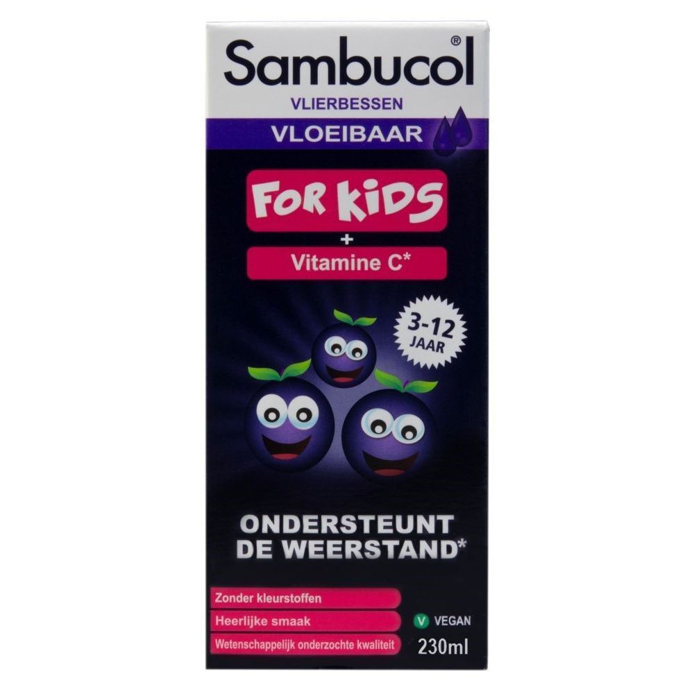Verpakking. Opschrift: Sambucol, For Kids, Vitamine C. 3-12 jaar. 230ml.