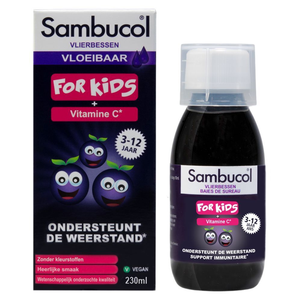Verpakking en fles. Opschrift: Sambucol, For Kids, Vitamine C. 3-12 jaar. 230ml.
