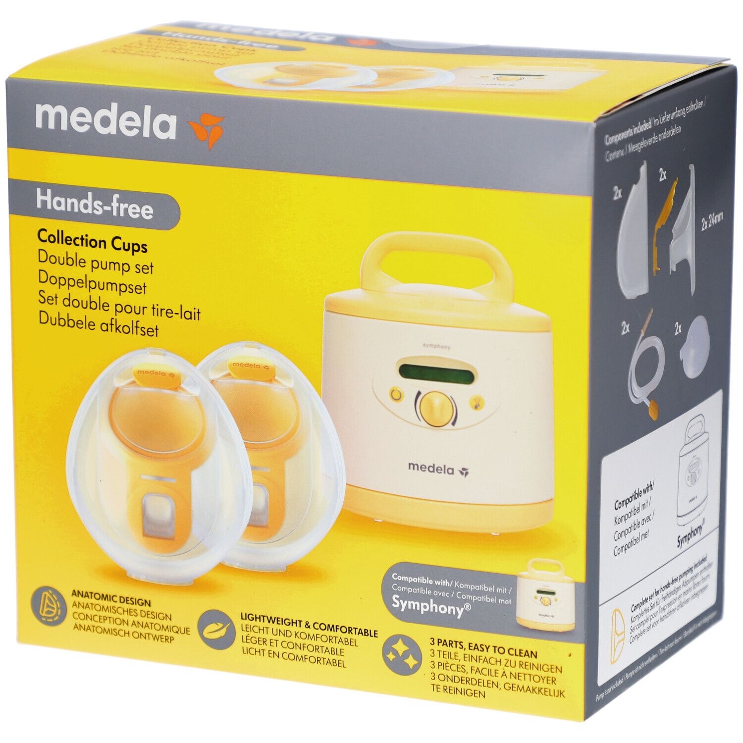Gele verpakking met productafbeelding. Hands-free Collection Cups, dubbele pompset. Medela-logo. Symphony-compatibiliteit.