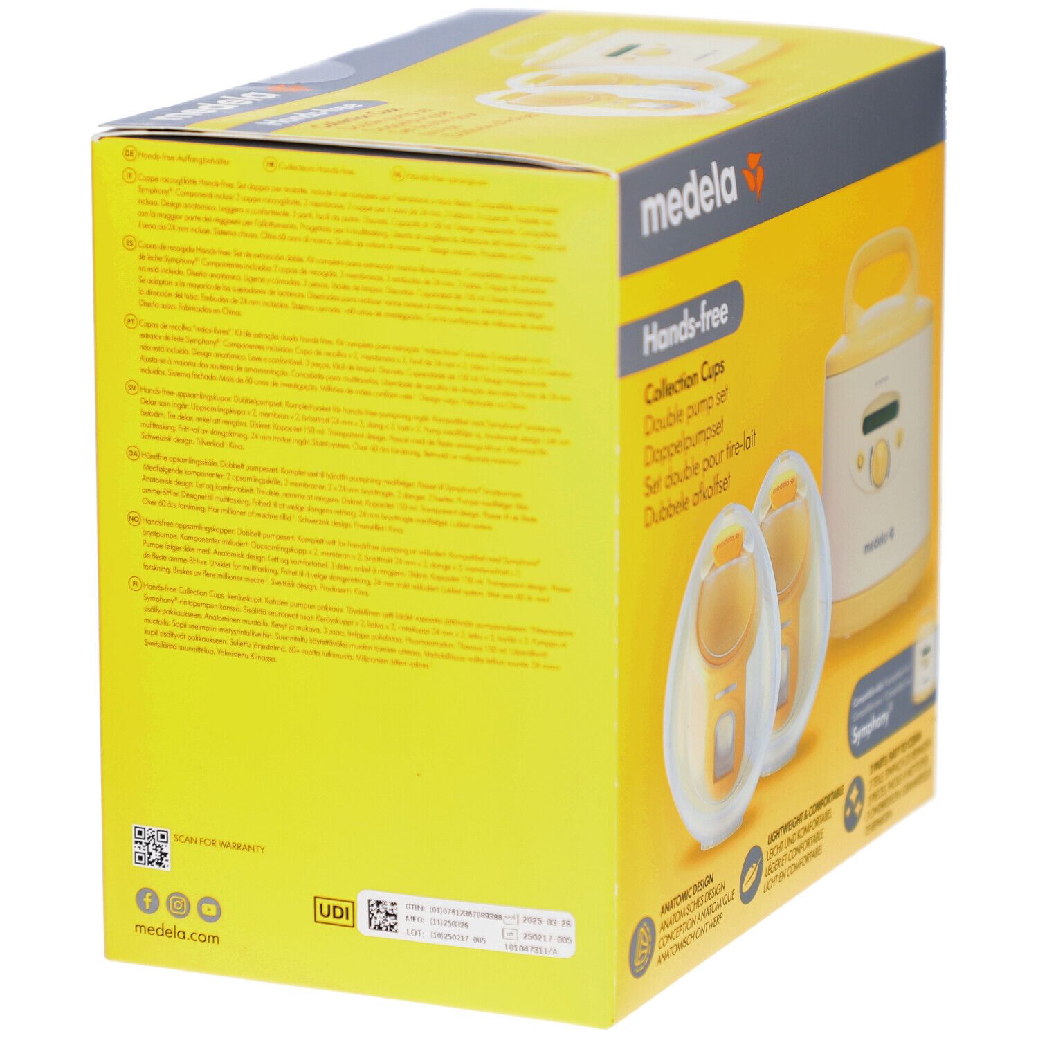 Gele verpakking, achterkant. Hands-free Collection Cups. Medela-logo. Meertalige tekst. QR-code en UDI-code.