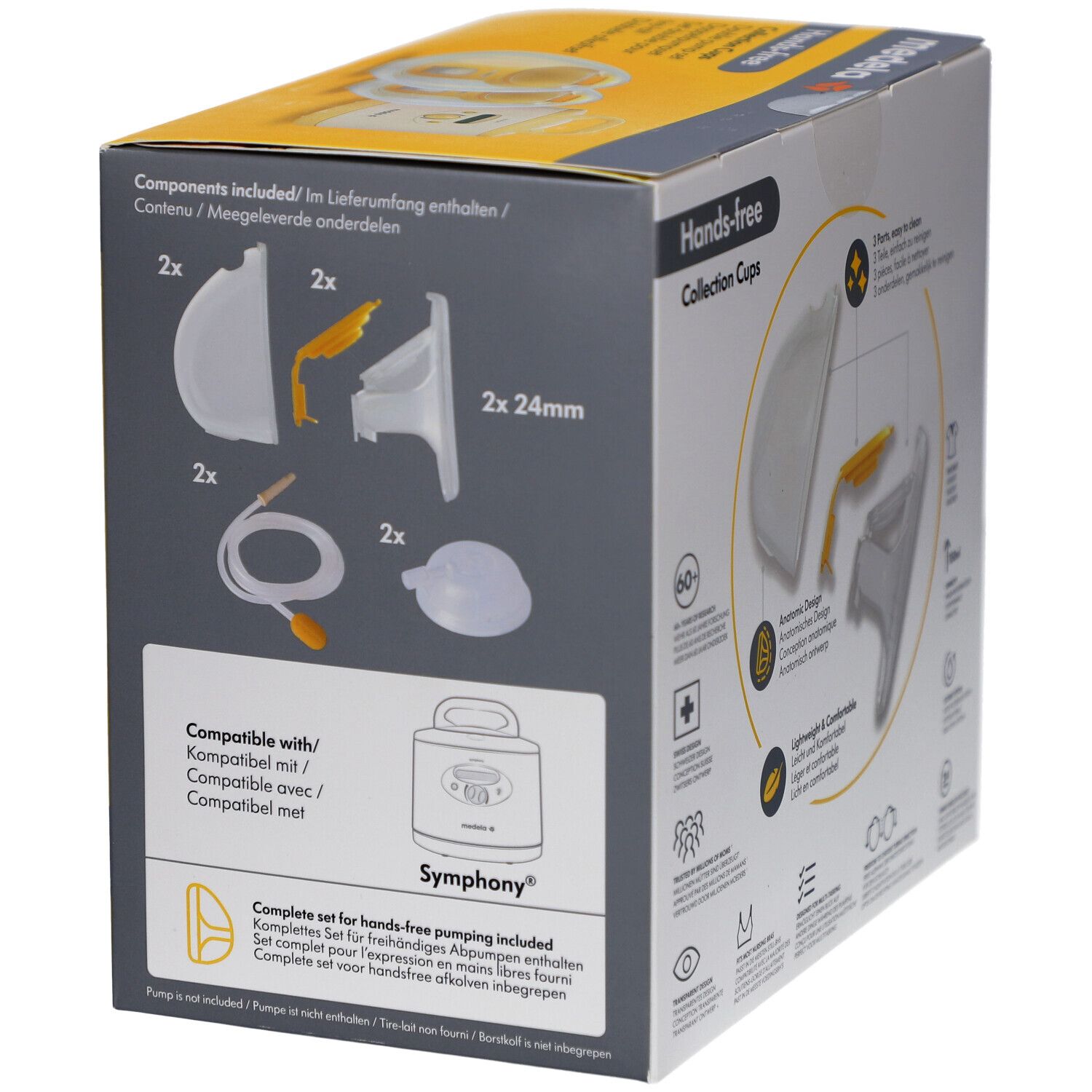 Gele verpakking, zijaanzicht. Hands-free Collection Cups. Geïllustreerde componenten: 2x 24mm, slangen. Symphony-compatibiliteit.