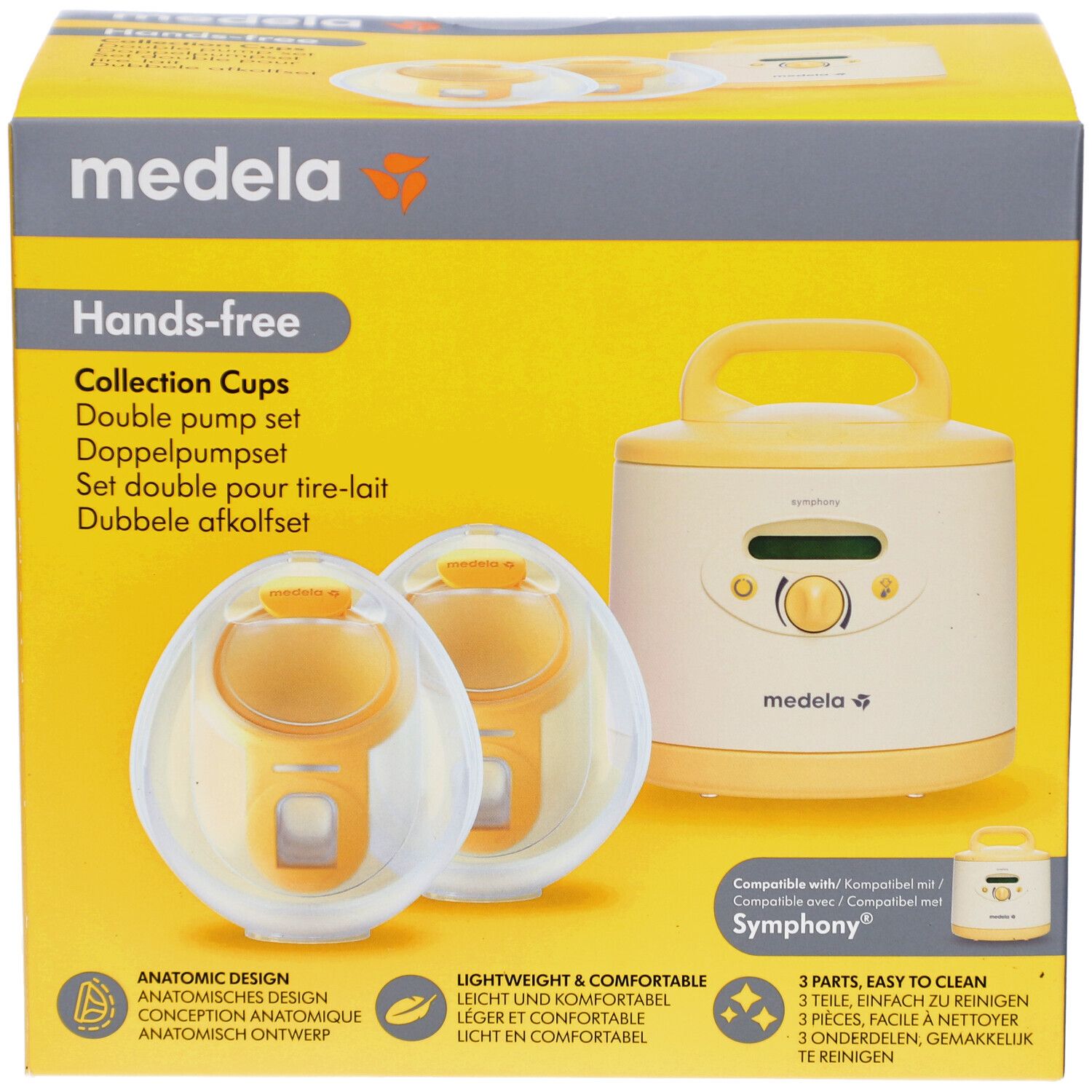 Gele verpakking met productafbeelding. Hands-free Collection Cups, dubbele pompset. Medela-logo. Symphony-compatibiliteit.