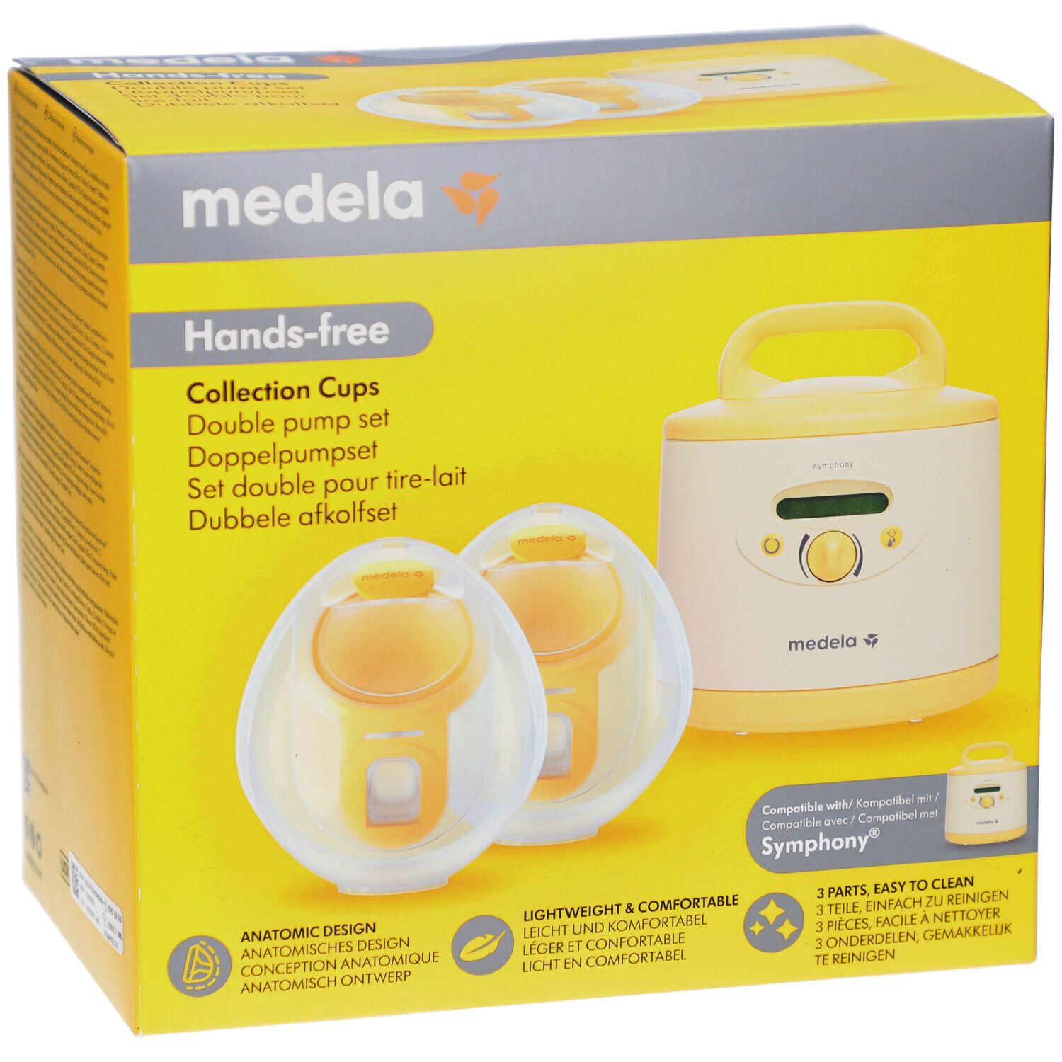 Gele verpakking met productafbeelding. Hands-free Collection Cups, dubbele pompset. Medela-logo. Symphony-compatibiliteit.