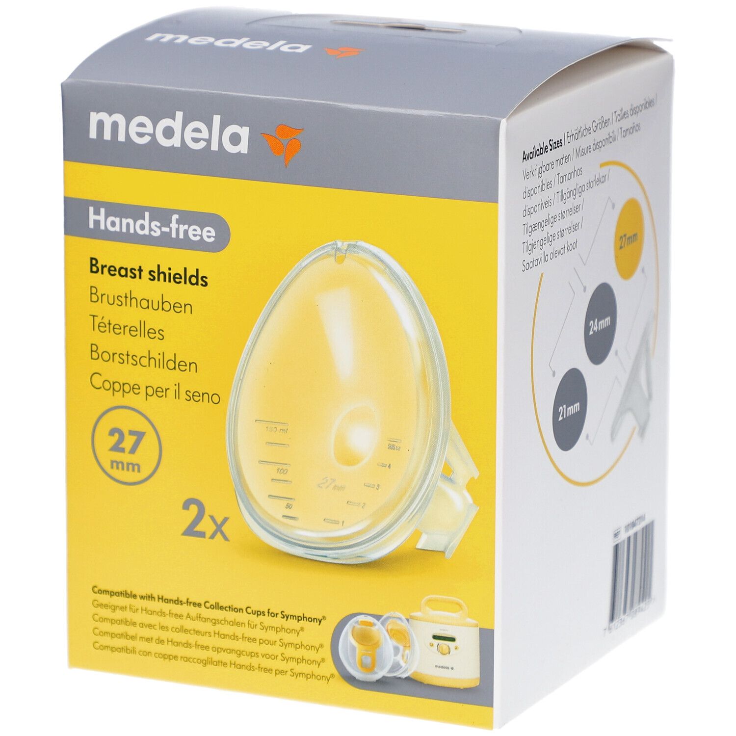 Medela Hands-free borstschilden, 27 mm, in verpakking. Geel borstschild en gele verpakking. Productnaam en logo zichtbaar.