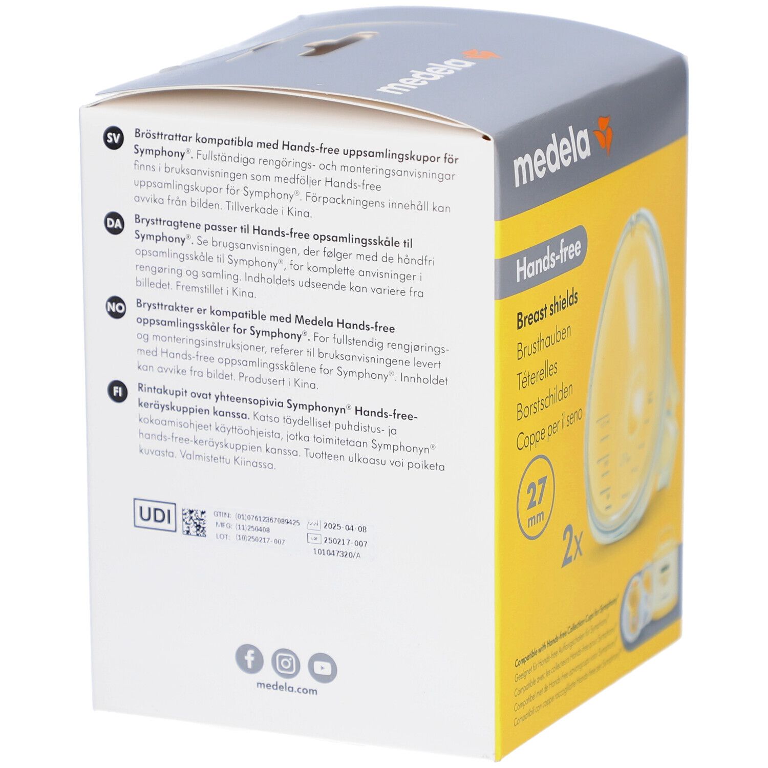 Achterkant van de Medela-verpakking. Meertalige tekst. Productnaam en logo zichtbaar. UDI-code en contactgegevens.