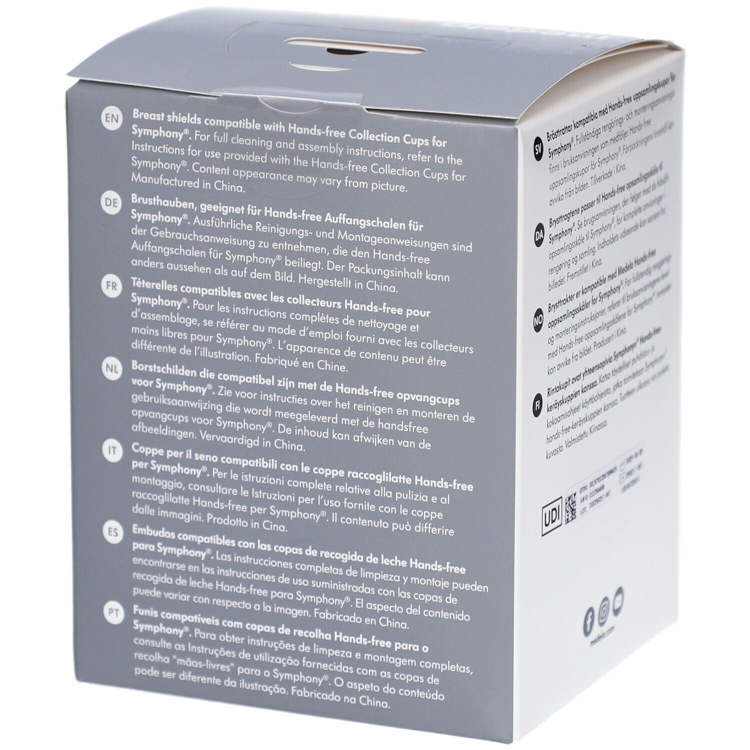 Medela-verpakking met meertalige tekst. Bevat informatie over de borstschilden. UDI-code en contactgegevens.