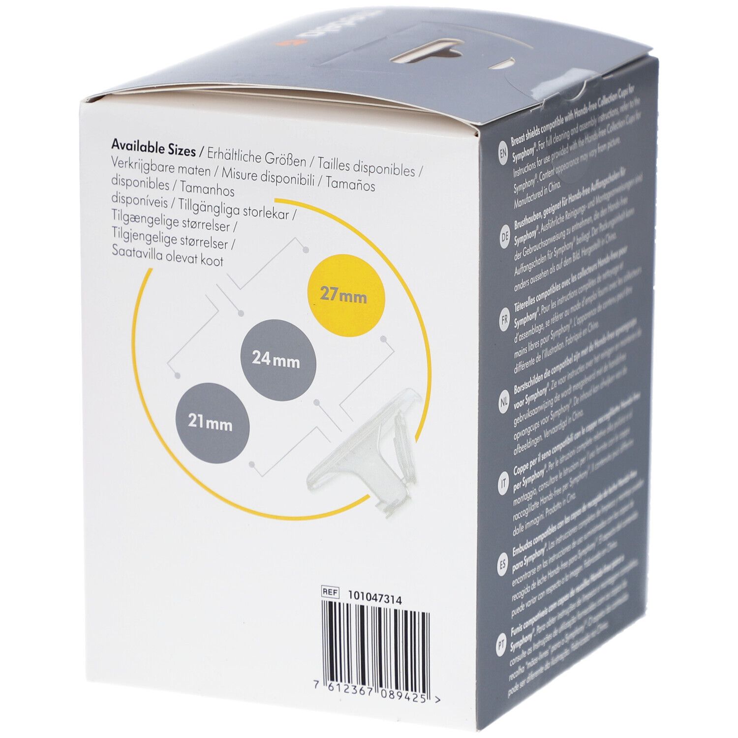 Medela-verpakking met beschikbare maten: 21 mm, 24 mm, 27 mm. Productnaam en logo zichtbaar. Streepjescode en referentie.