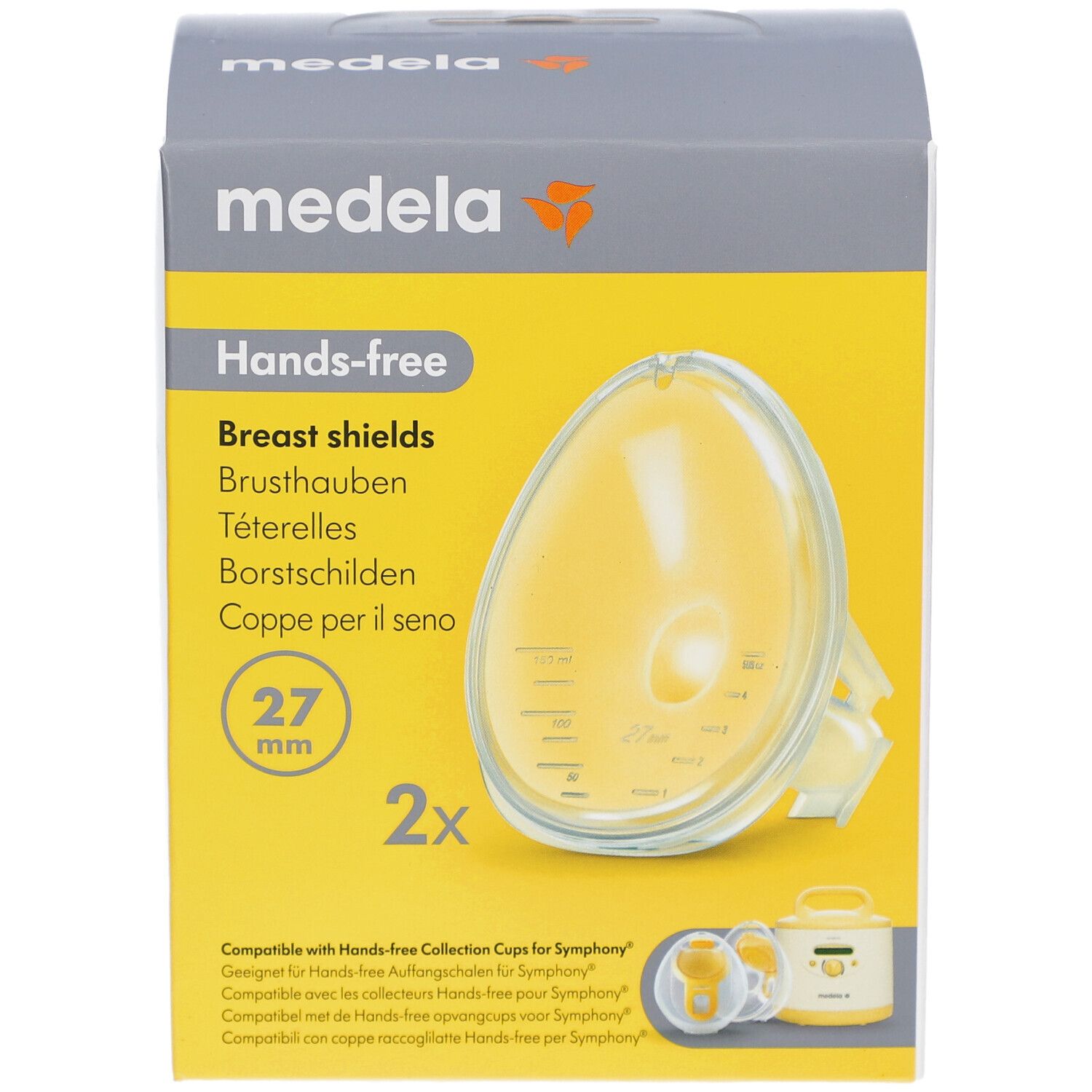 Medela Hands-free borstschilden, 27 mm, in verpakking. Geel borstschild en gele verpakking. Productnaam en logo zichtbaar.