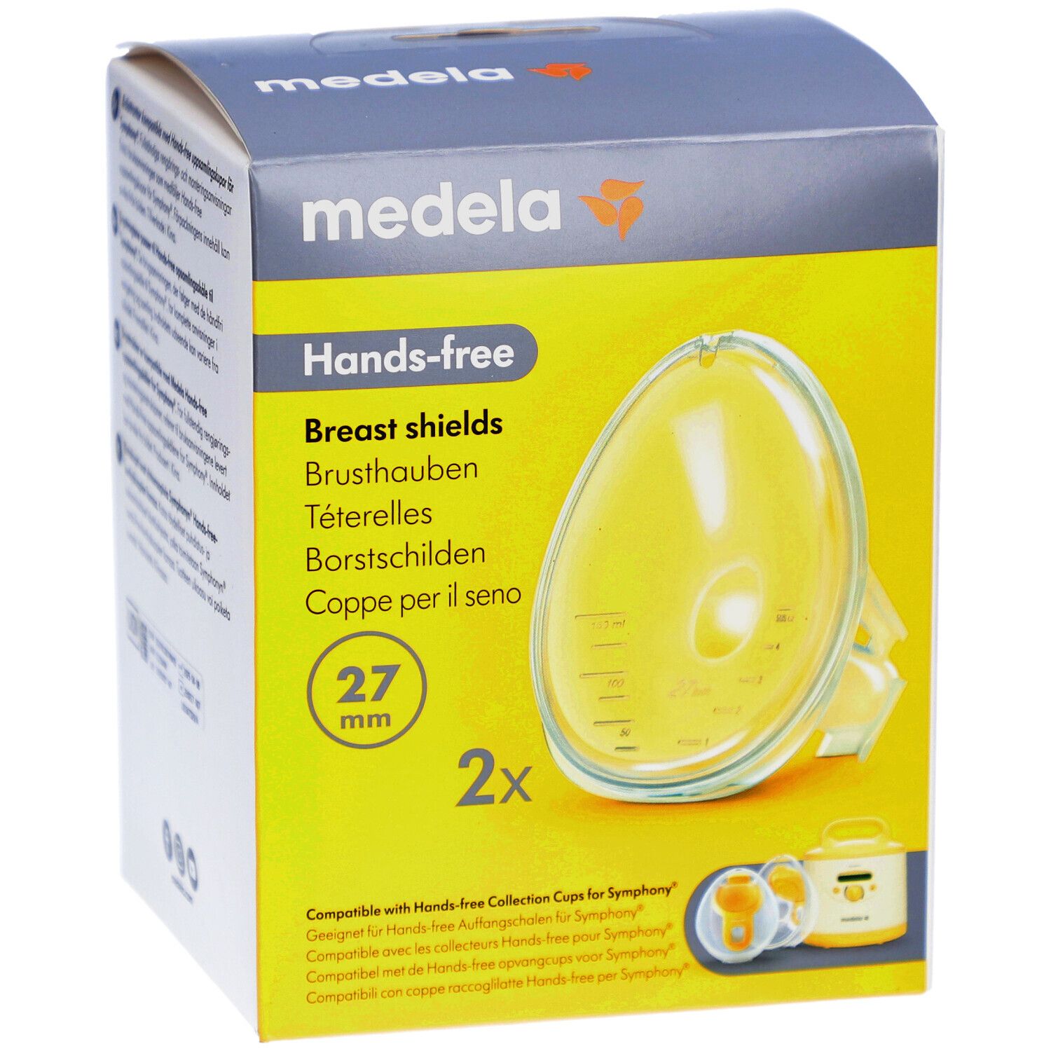 Medela Hands-free borstschilden, 27 mm, in verpakking. Geel borstschild en gele verpakking. Productnaam en logo zichtbaar.