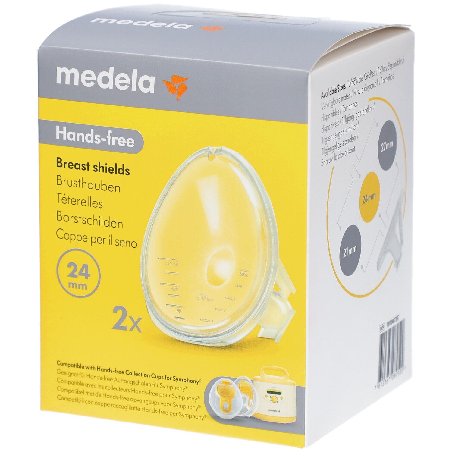 Verpakking Medela Hands-free borstschilden, 24 mm. Bevat twee borstschilden. Geelachtige, ovale vorm. Medela-logo linksboven.