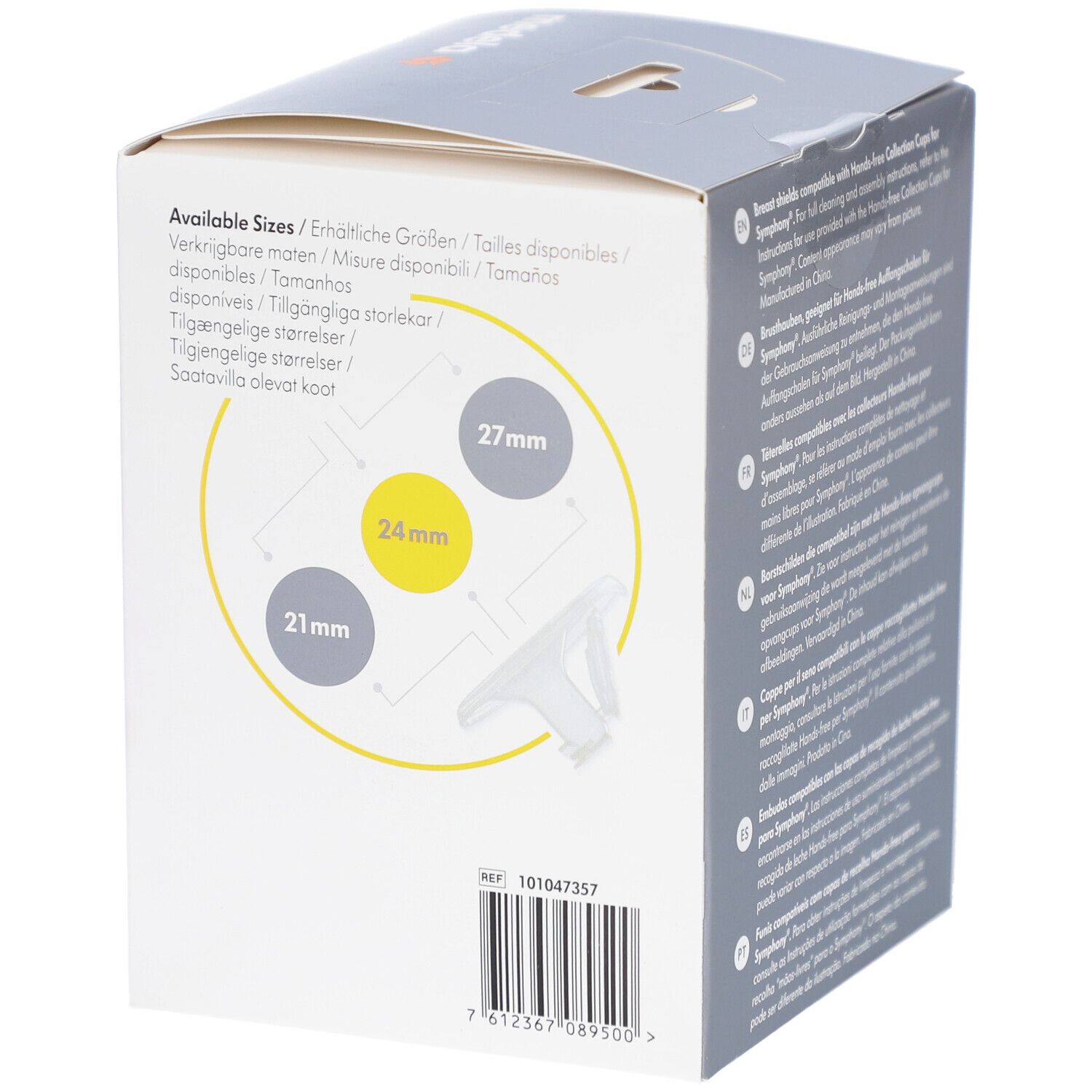 Zijkant van de verpakking met maatindicaties: 21 mm, 24 mm, 27 mm. Medela-logo. Referentienummer.
