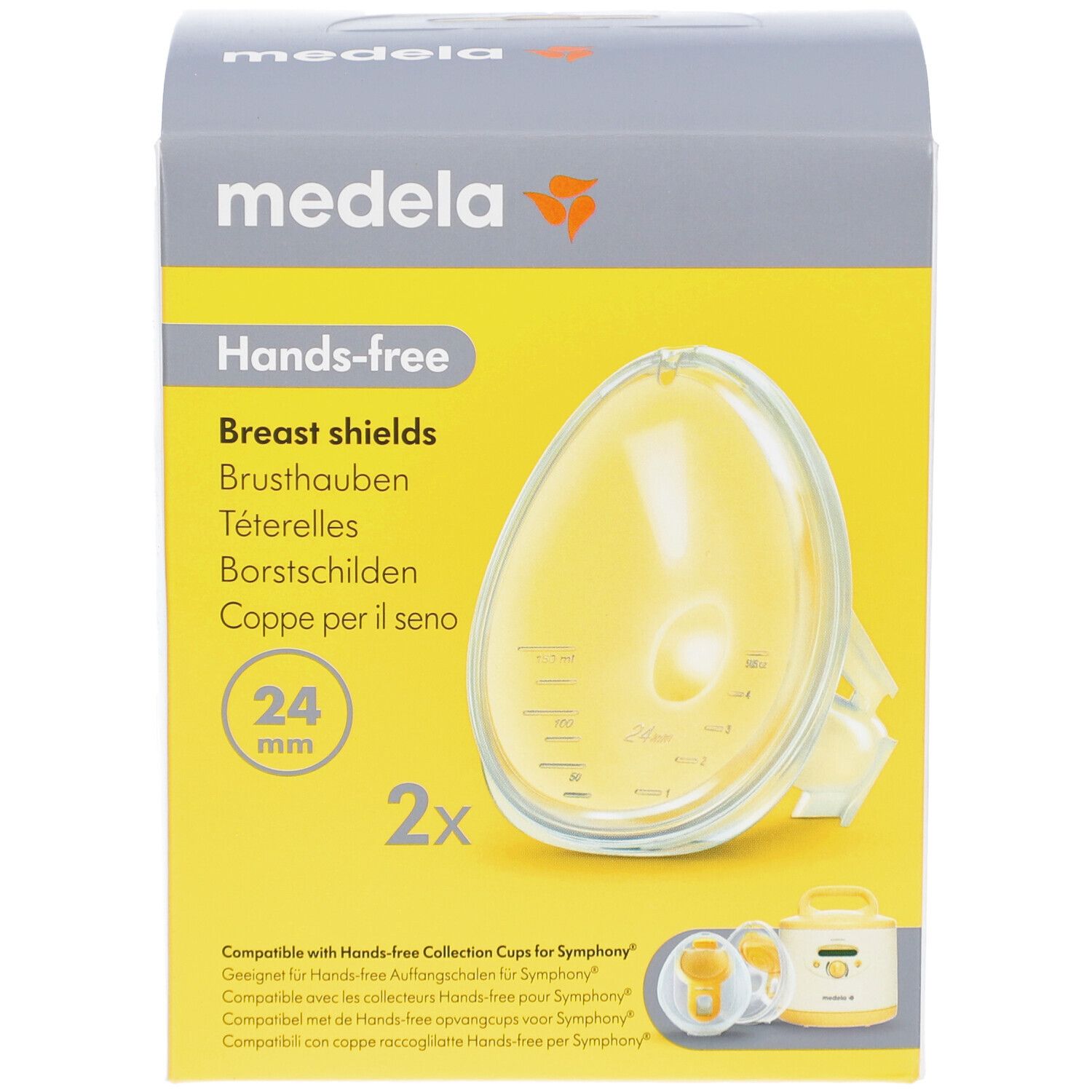 Voorkant van de verpakking. Medela Hands-free borstschilden, 24 mm. Twee borstschilden afgebeeld. Geelachtige, ovale vorm.