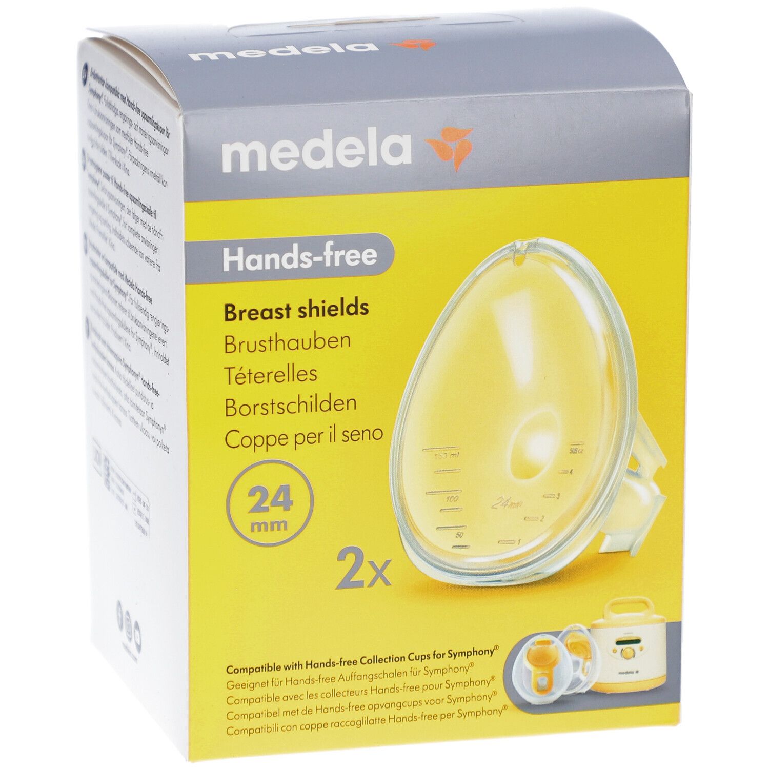 Voorkant van de verpakking. Medela Hands-free borstschilden, 24 mm. Twee borstschilden afgebeeld. Geelachtige, ovale vorm.