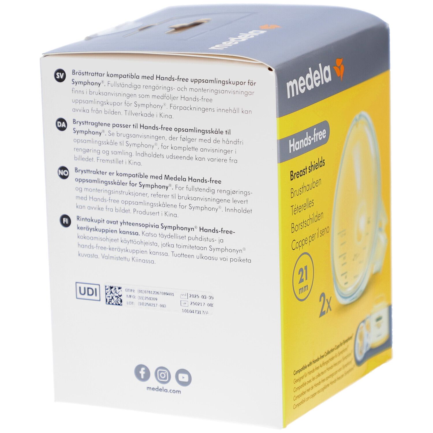 Achterkant Medela Hands-free verpakking. Tekst in meerdere talen. UDI-code. Compatibel met Hands-free opvangcups voor Symphony.