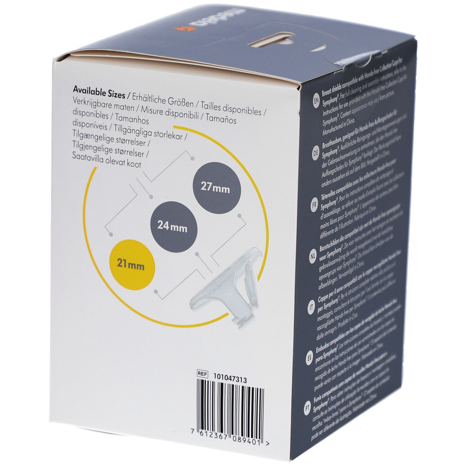 Zijkant Medela Hands-free verpakking. Beschikbare maten: 21 mm, 24 mm, 27 mm. Referentienummer. Streepjescode.