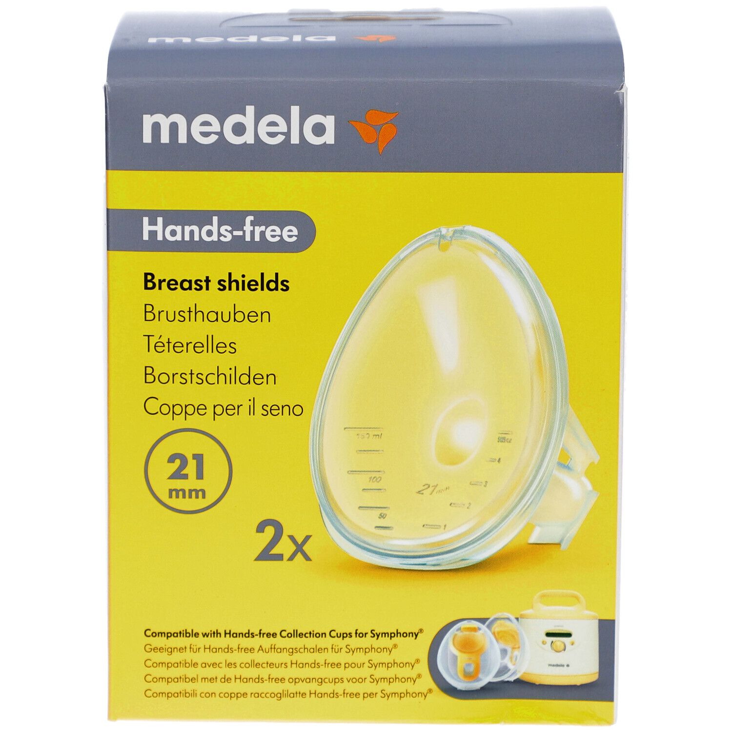 Medela Hands-free borstschilden, 21 mm, in verpakking. Gele, ovale vorm. 2 stuks. Compatibel met Hands-free opvangcups voor Symphony.