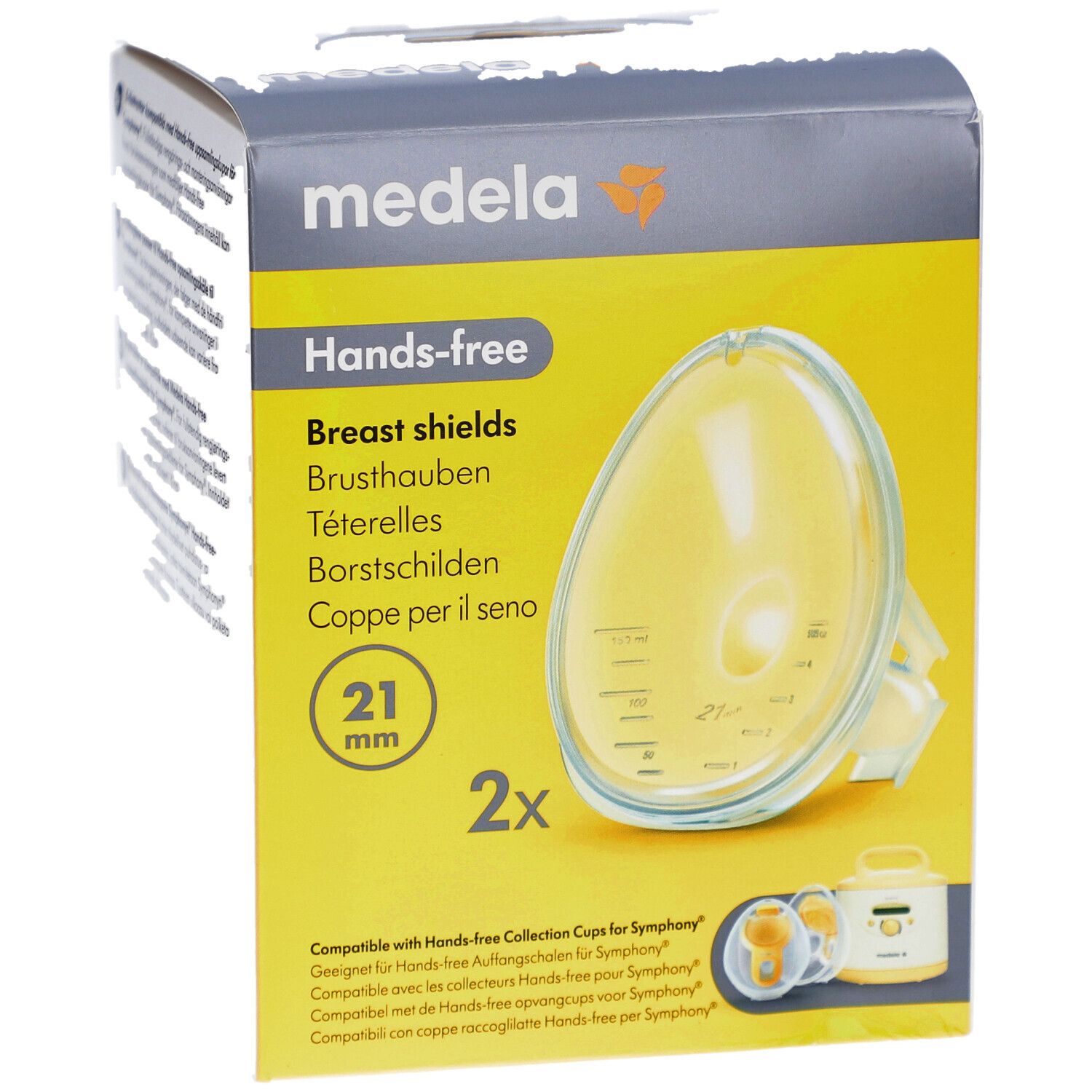 Medela Hands-free borstschilden, 21 mm, in verpakking. Gele, ovale vorm. 2 stuks. Compatibel met Hands-free opvangcups voor Symphony.