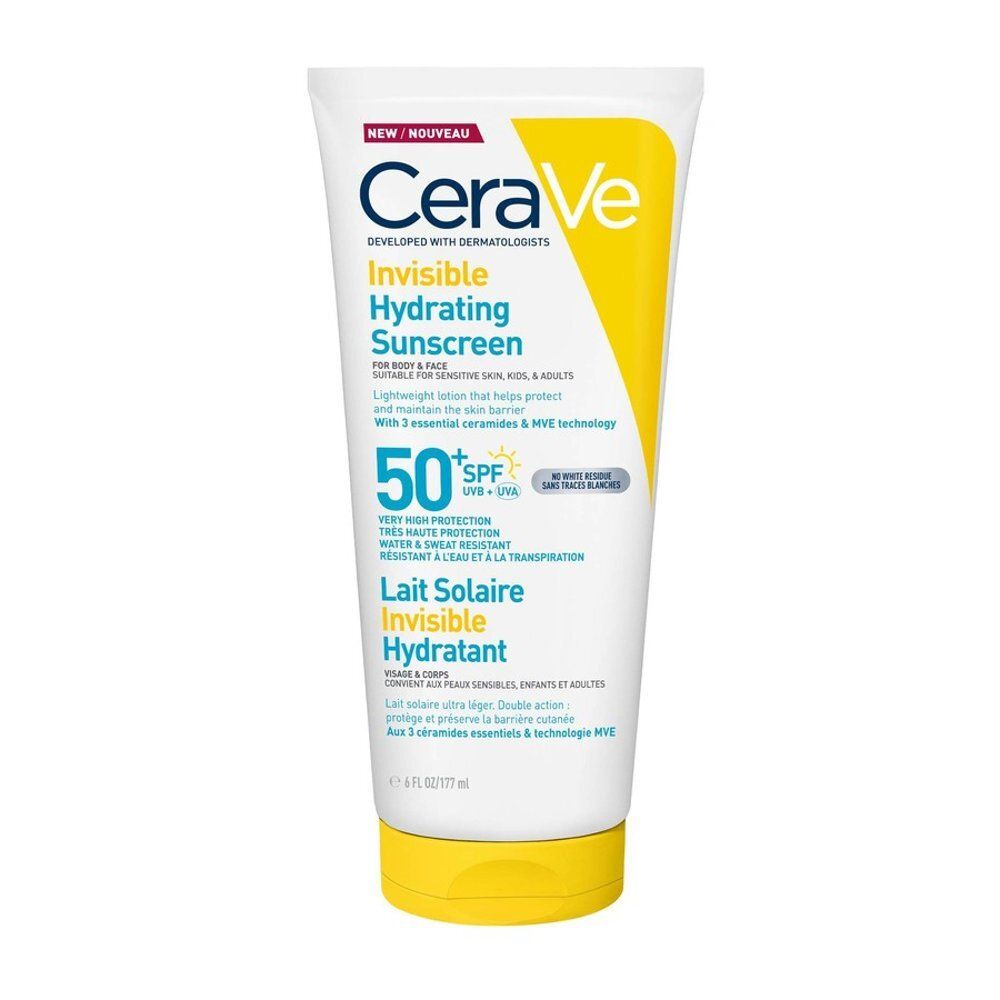 CeraVe Invisible Hydrating Sunscreen. Witte tube met gele dop. Tekst: SPF 50, Lait Solaire Invisible Hydratant.