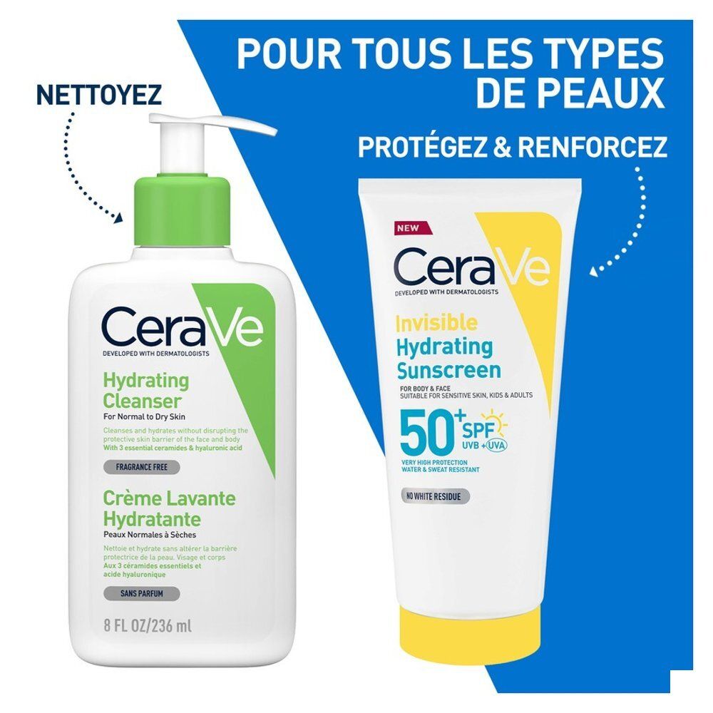 CeraVe Hydrating Cleanser et écran solaire hydratant invisible. Texte: SPF 50. Pour tous types de peaux.