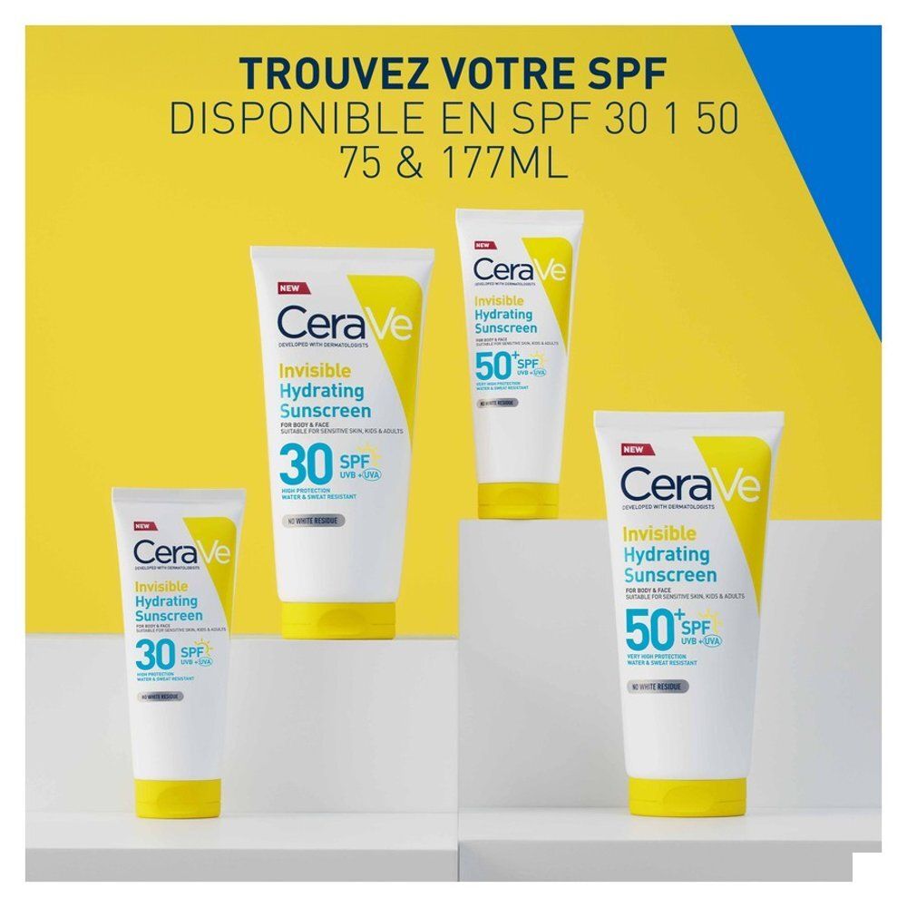 CeraVe écran solaire hydratant invisible en différentes tailles. Texte: SPF 30 et SPF 50.