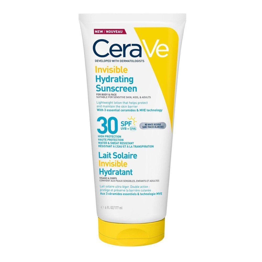 Witte tube met gele dop. Opschrift: CeraVe, Invisible Hydrating Sunscreen, SPF 30. Voor gezicht & lichaam.