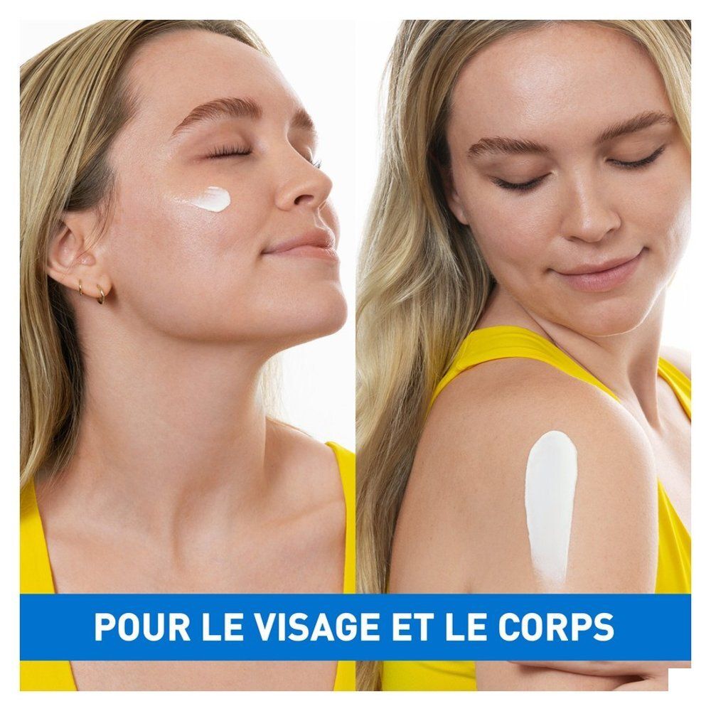 Deux femmes appliquent de la crème sur le visage et le bras. Texte: Pour le visage et le corps.