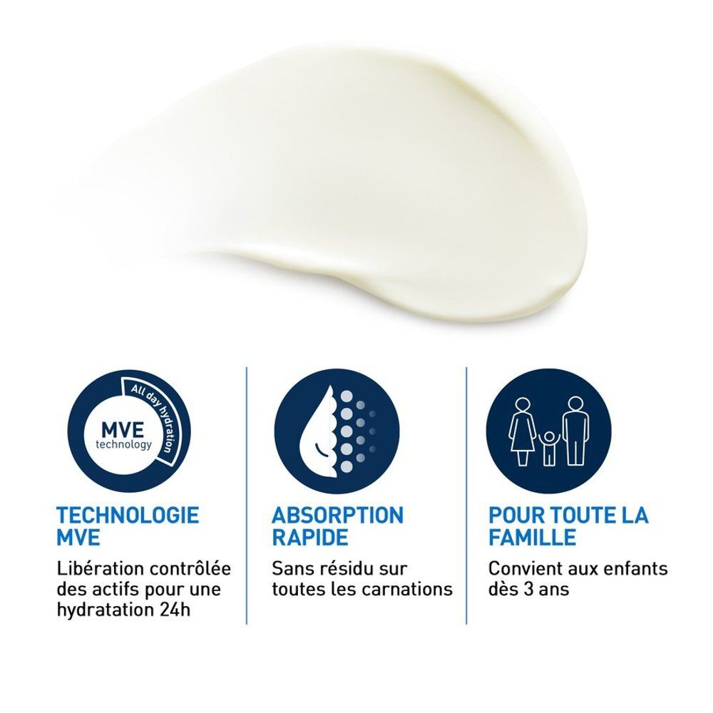 Crèmevlek met logo's: MVE-technologie, snelle absorptie, voor het hele gezin. Geschikt vanaf 3 jaar.