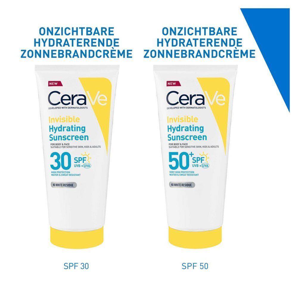Deux tubes: CeraVe Invisible Hydrating Sunscreen, SPF 30 et SPF 50. Inscription: Onzichtbare hydraterende zonnebrandcrème.