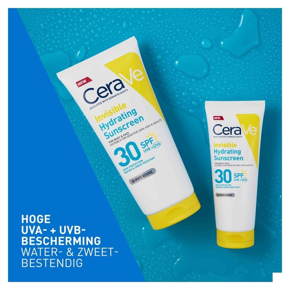 Deux tubes CeraVe Invisible Hydrating Sunscreen, SPF 30. Sur fond bleu. Texte: Haute protection UVA + UVB.