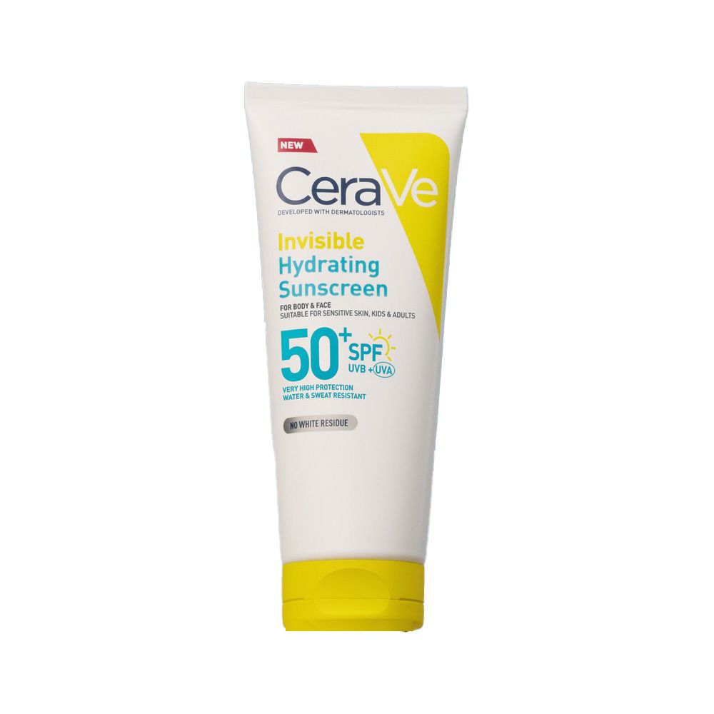 Tube blanc à bouchon jaune. Inscription : CeraVe, Invisible Hydrating Sunscreen, SPF 50. Pour le visage et le corps.