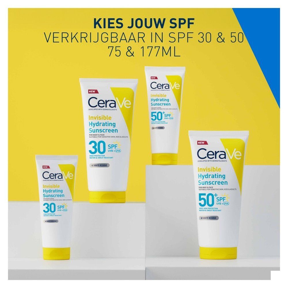 Verschillende tubes CeraVe zonnebrandcrème. Opschrift: SPF 30 & 50. Verkrijgbaar in 75 & 177ml.