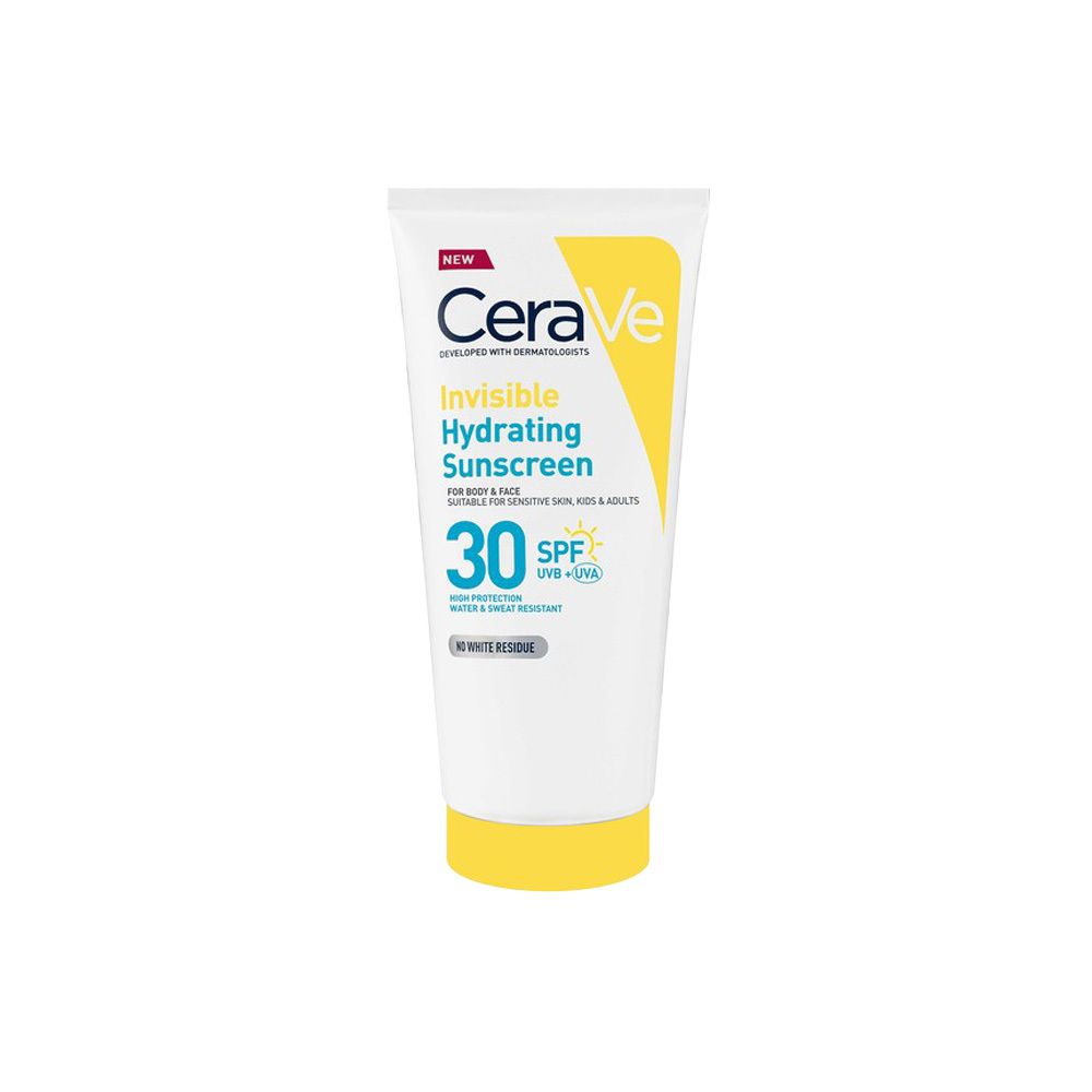 Tube blanc et jaune. Inscription: CeraVe, Invisible, Hydrating Sunscreen, SPF 30.
