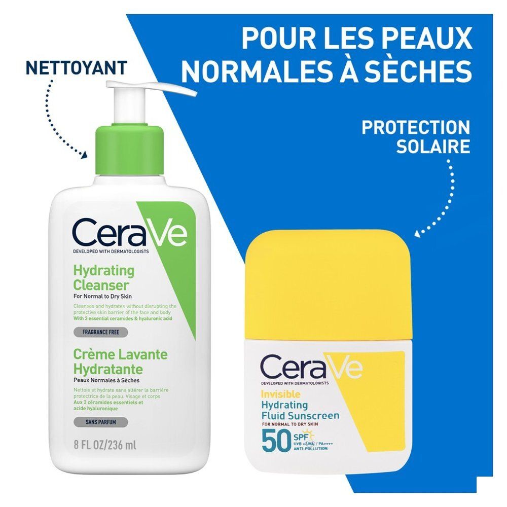 CeraVe Hydrating Cleanser en Invisible Hydrating Fluid Sunscreen. Tekst en logo.