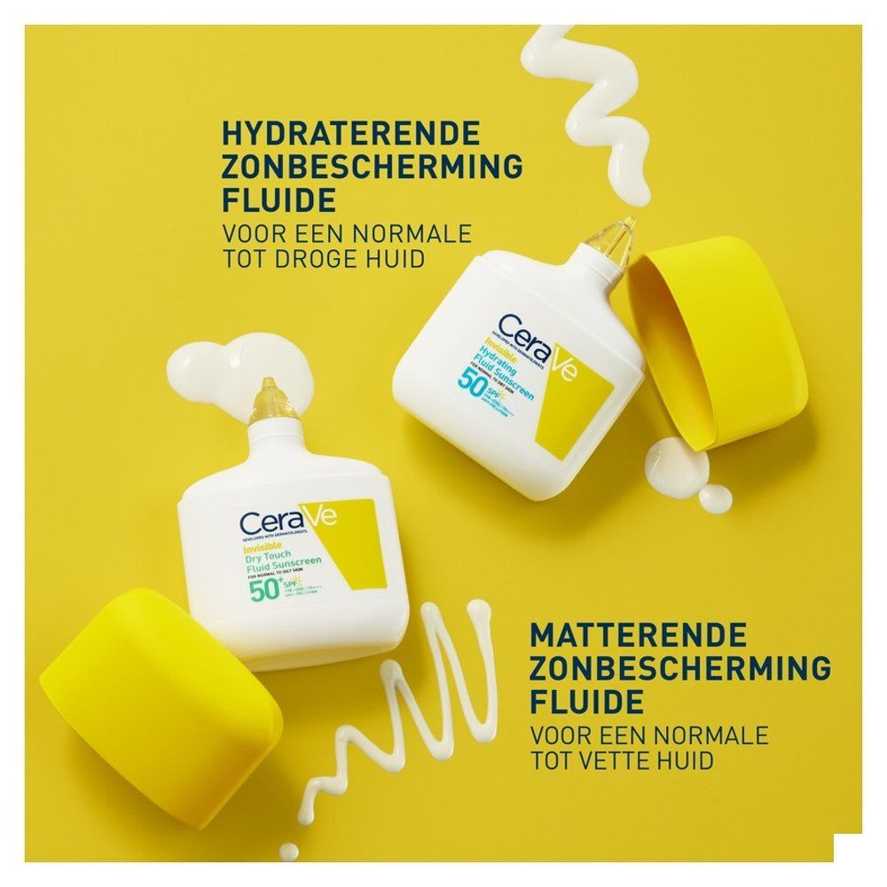 Deux flacons CeraVe Fluide Solaire Hydratant Invisible. Jaune et blanc. Texte.
