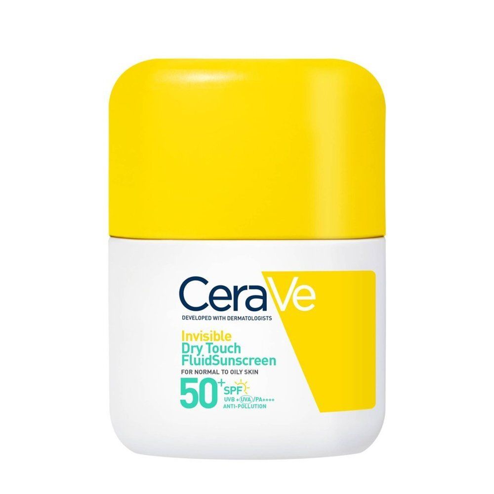 CeraVe Fluide Solaire Invisible Toucher Sec SPF50. Flacon blanc et jaune.