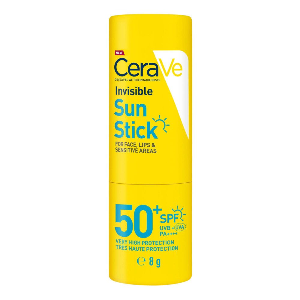 Stick solaire jaune. Texte: CeraVe, Invisible Sun Stick SPF50+. Visage, lèvres & zones sensibles. 8g.