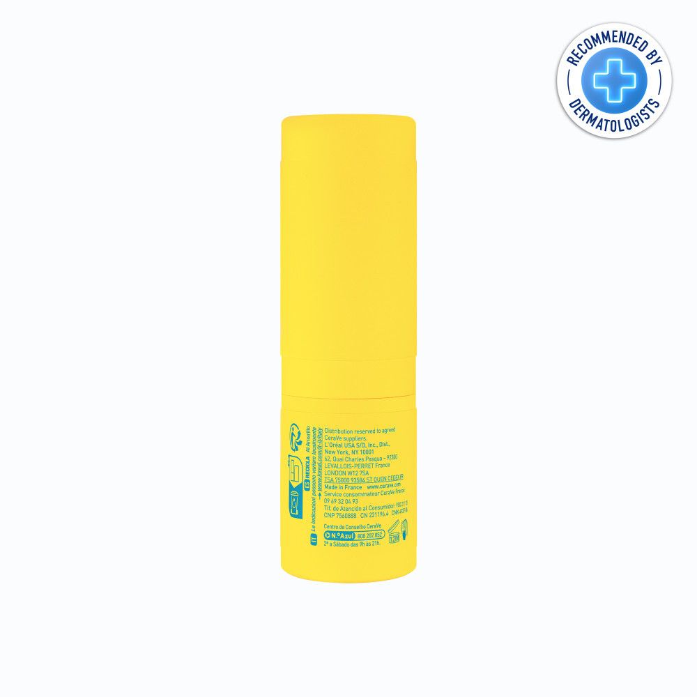 Stick solaire jaune. Texte: CeraVe, Invisible Sun Stick SPF50+. Visage, lèvres & zones sensibles. 8g.