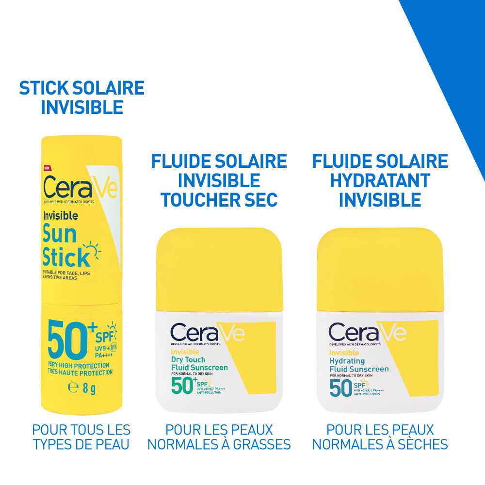 Trois produits solaires. CeraVe, Invisible Sun Stick, Fluide et Hydratant. SPF50+.