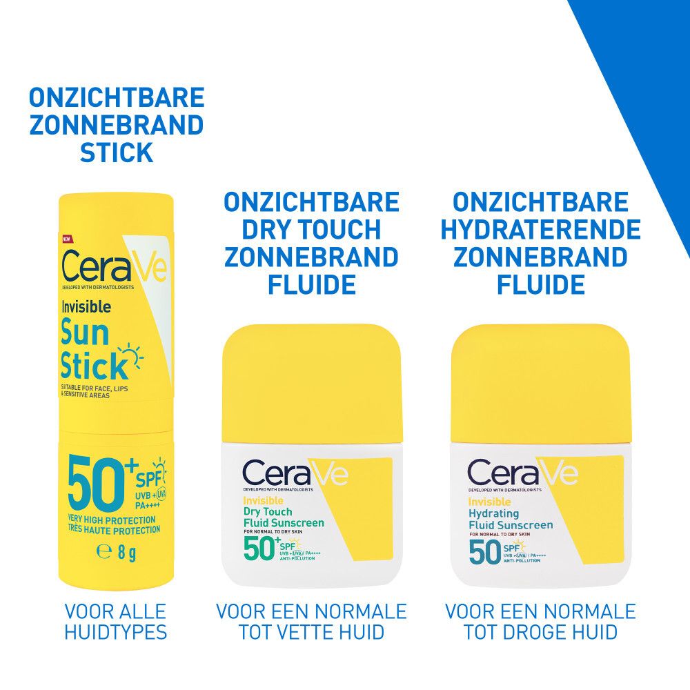 Drie zonnebrandproducten. CeraVe, Invisible Sun Stick, Fluid en Hydratant. SPF50+.