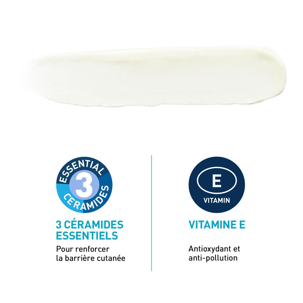 Tache de crème blanche. Texte: 3 céramides essentiels, vitamine E.