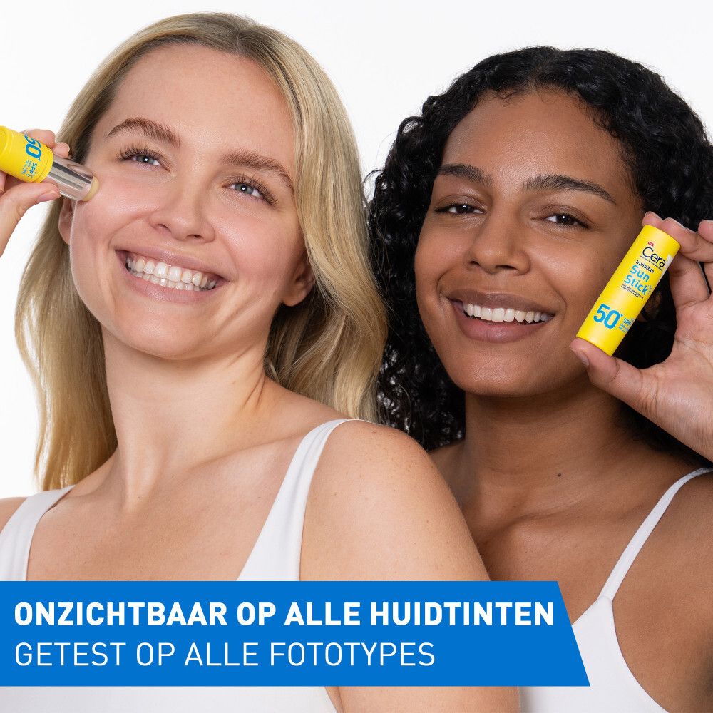 Twee vrouwen houden zonnebrandsticks vast. Tekst: Onzichtbaar op alle huidtinten.