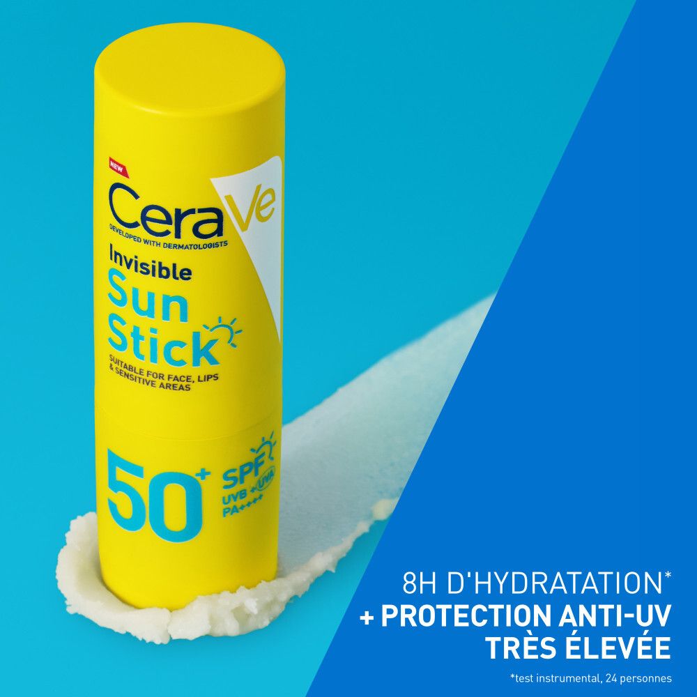 Stick solaire jaune. Texte: CeraVe, Invisible Sun Stick SPF50+. 8h d'hydratation.