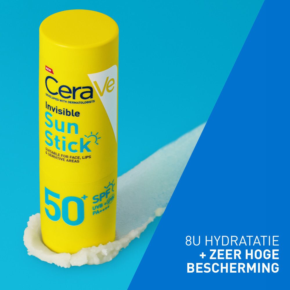 Gele zonnebrandstick. Tekst: CeraVe, Invisible Sun Stick SPF50+. 8u hydratatie.