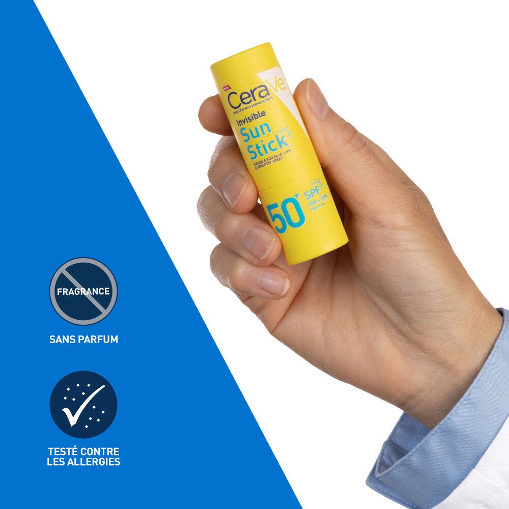 Stick solaire jaune. Texte: CeraVe, Invisible Sun Stick SPF50+. Sans parfum. Testé contre les allergies.