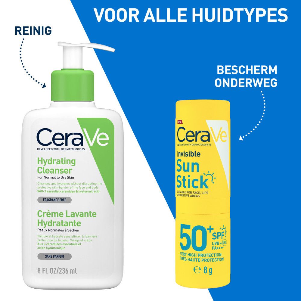 CeraVe Hydrating Cleanser en Invisible Sun Stick. Voor alle huidtypes. Bescherming voor onderweg.