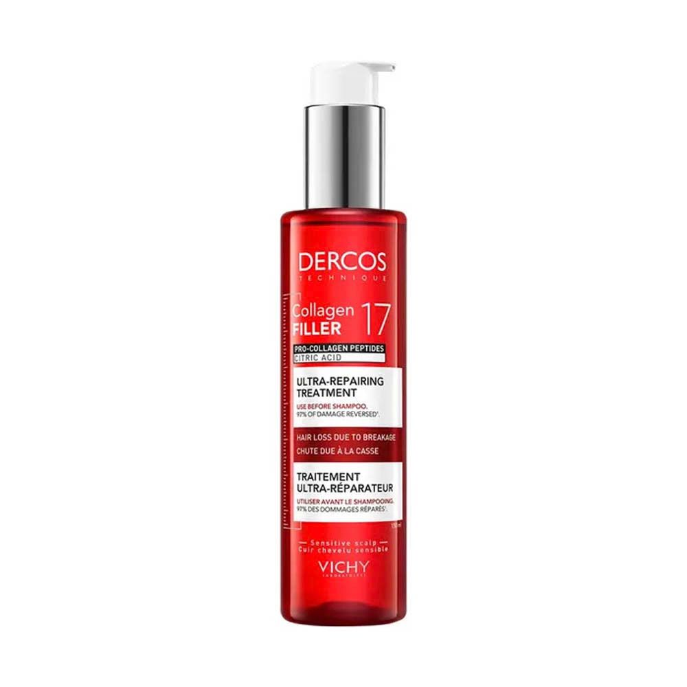 Flacon rouge avec pompe blanche. Inscription: Dercos Technique Collagen Filler 17. Ultra-Repairing Treatment.