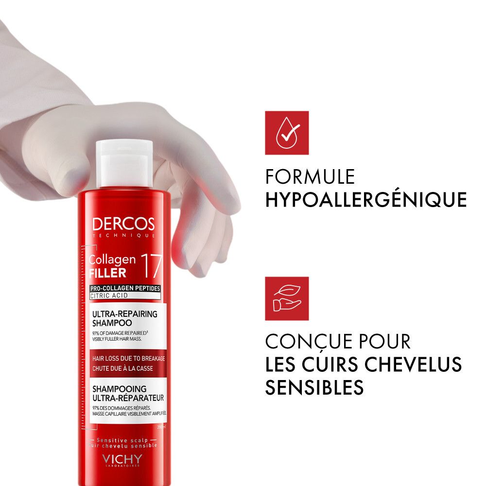 Main tenant Vichy Dercos Shampooing Collagen 17 Filler. Texte.