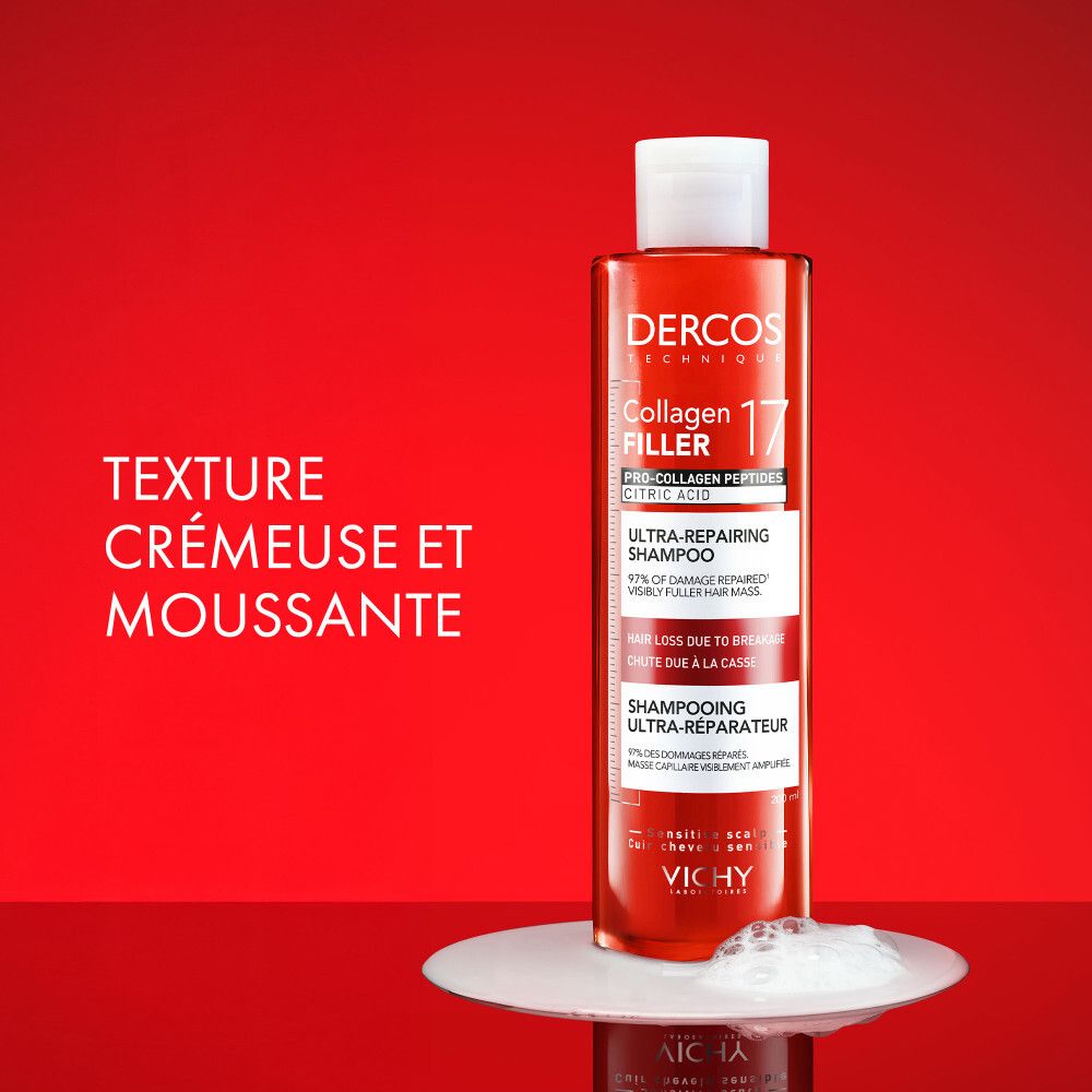 Flacon rouge Vichy Dercos Shampooing Collagen 17 Filler. Texte et mousse.